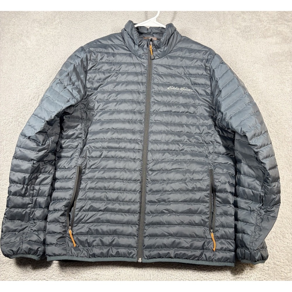 Eddie Bauer EB650 Down Puffer Jacket Mens Medium Navy Blue Gray Packable Light